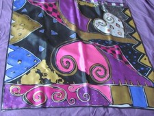 Silk Scarf 34"Sq ECHO Abstract Print Black Blue Fuchsia Purple Olive Vintage