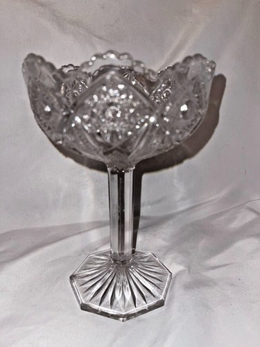 Vintage EAPG Sawtooth Scalloped Starburst Clear Glass Tall Compote 8" - Picture 3 of 7