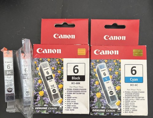 Lot 4 Canon BCI-6BK Black Ink Cartridge & BCI-6C Cyan Cartridge Genuine NEW - Picture 1 of 4