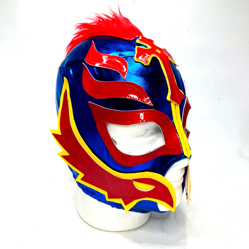 Ry Mysterio handgefertigte Kindergröße Lucha Maske Faux Mohawk Haar blaue & rote Farben