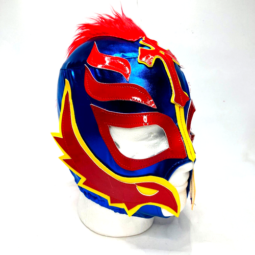 Ry Mysterio Handmade Kids Size Lucha Mask Faux Mohawk Hair Blue & Red Colors - 第 1/4 張圖片