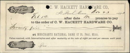 1893 St. Paul Minnesota (MN) C. W. Hackett Hardware Co. Promissory Note