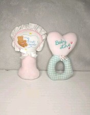 Vintage Eden Pink Baby Rattle 7" White Blue Checker Plush Bow Bear Star Lot