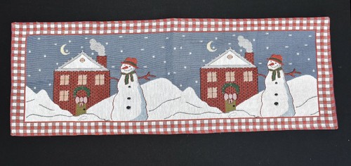 Christmas Wreath On House Snowing w Snowman Tapestry Table Runner 12.5" x 36" - Picture 1 of 10