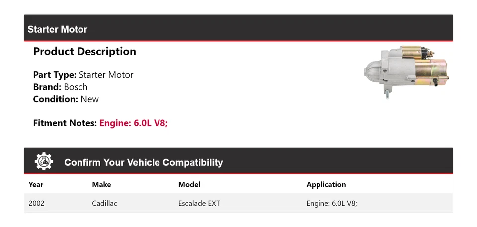 Para Cadillac Escalade EXT 2002 6,0 L V8 arranque Bosch (nuevo) Foto 2 de 4