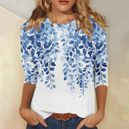 3/4 Sleeve Shirts For Women Cute Print Graphic Tees Blouses Casual Plus Size - Picture 40 of 48