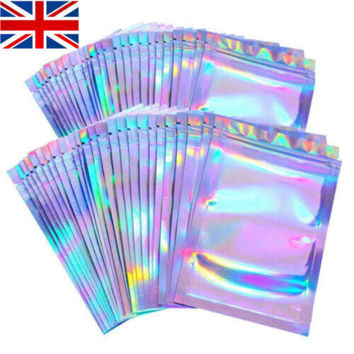 100Pcs Holographic Rainbow Zip Lock Bag Clear Zip Seal Mylar Bags Foil Pouch - Picture 1 of 10