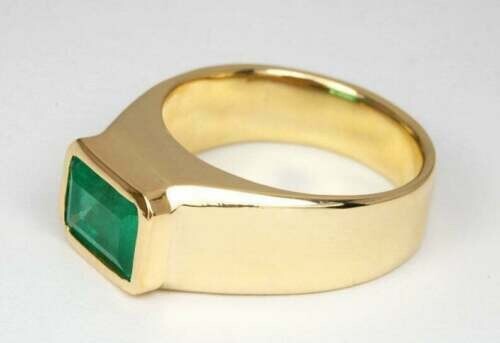 2.5CT Emerald Cut Natural Emerald Solitaire Bezel Set Men's Ring 18k Yellow Gold - Picture 4 of 12