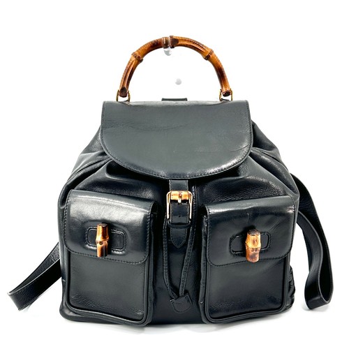 GUCCI Bamboo Backpack Leather Black Gold Authentic - Picture 2 of 24