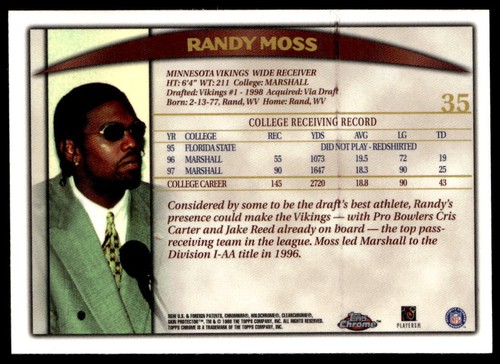 1998 Topps #352 Randy Moss Football Minnesota Vikings - Picture 2 of 2