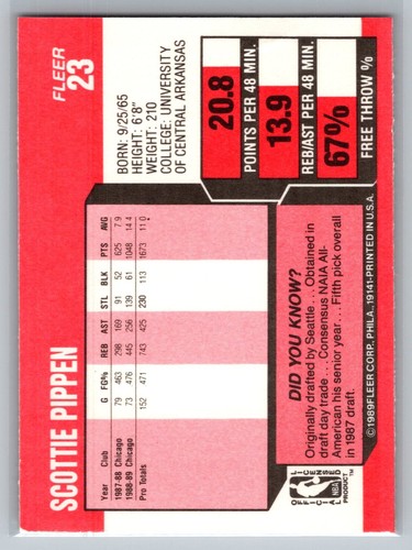 Fleer #23 1989 Scottie Pippen Chicago Bulls - Imagen 2 de 2