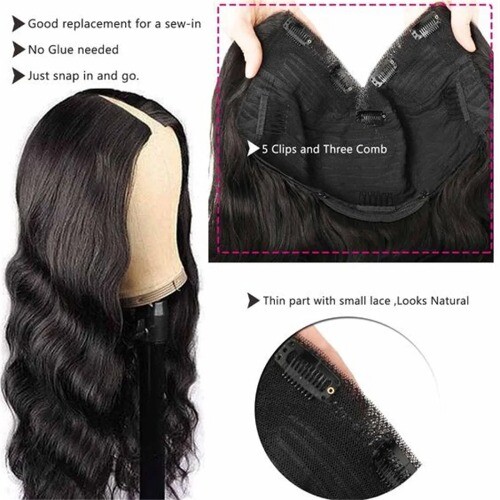 Peluca Body Wave parte en V mujer cabello brasileño cabello humano 180 densidad hecha a máquina - Imagen 4 de 14