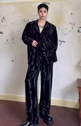 Men Lapel Long Sleeve Shirt Tops Wide leg Pant trousers Velvet casual suit 2PC - Bild 8 von 12