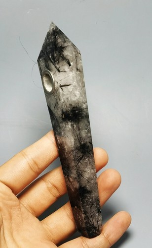 Natural Black Tourmaline Quartz Crystal Wand Pipe - Picture 2 of 11