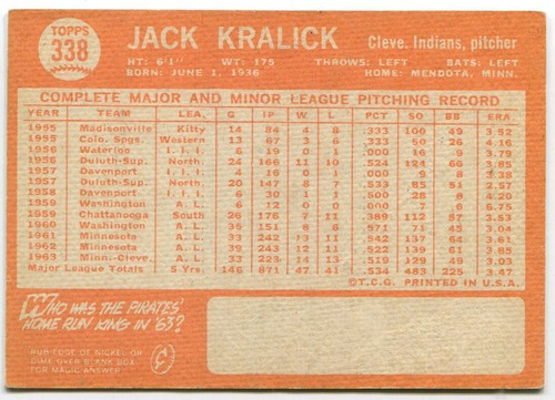 1964 Topps #338 Jack Kralick Cleveland Indians - Imagen 2 de 2