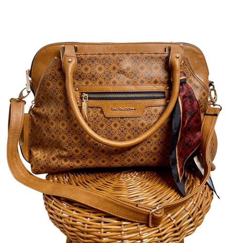 Big Buddha Logo Dome Satchel Brown Walnut Faux Leather Shoulder Bag Purse