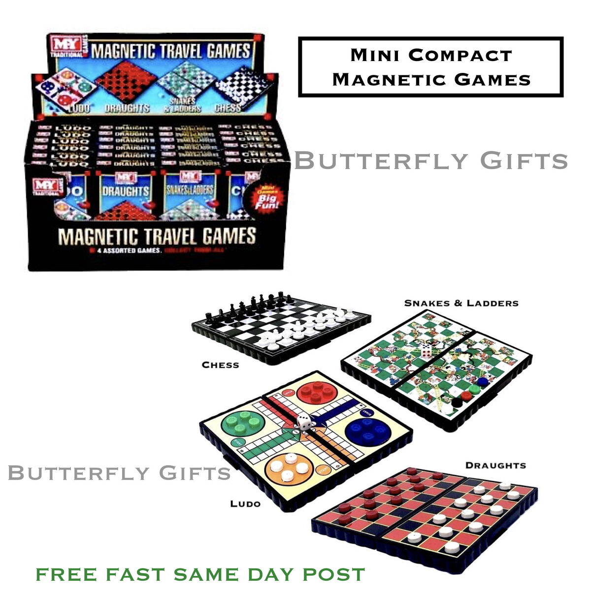 MINI POCKET MAGNETIC GAME SET CHESS, DRAUGHTS, SNAKE, CHEQUERS [666  Store]