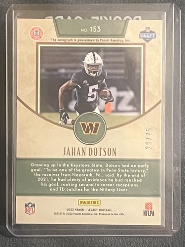 2022 Legacy Rookies Auto Bronze #153 Jahan Dotson, Washington Commanders /75 - Picture 2 of 2
