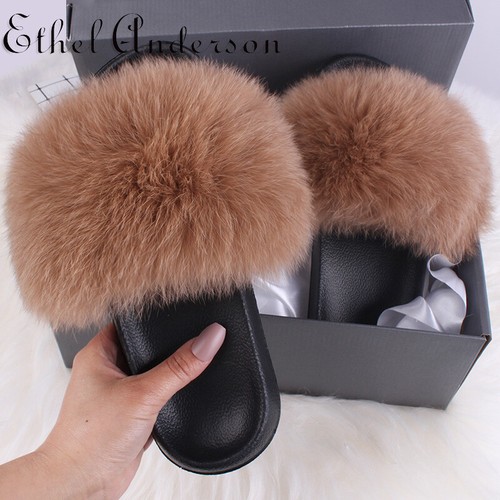 Women's Real Farm Fox Fur Slippers Flip Flops Furry Non-slip Summer Beach Shoes - Picture 21 of 58