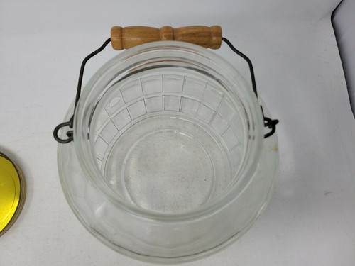 Vintage DuraGlass(?) Large Barrel Glass Screw Top Pickle Jar Wire Wood Handle - Picture 7 of 11