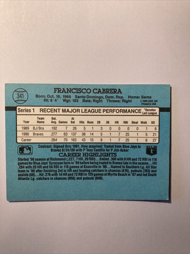 1991 Donruss Atlanta Braves Baseball Card #341 Francisco Cabrera - Picture 2 of 2