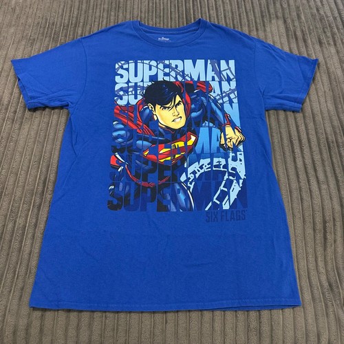 Superman Roller Coaster T-Shirt Adults M Blue Graphic Six Flags Ride Theme Park - Picture 1 of 9