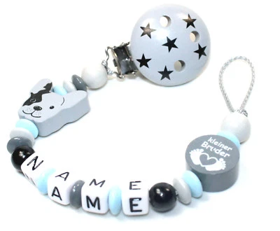HANDGEFERTIGT Schnullerkette mit Namen Bulldogge Kleiner Bruder Junge Baby grau blau schwarz
