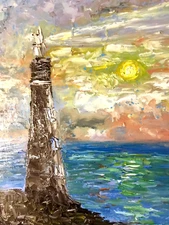 Original oil impasto painting on canvas board,lighthouse painting.