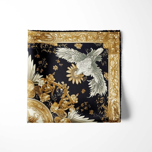 4+ Looks in One! Genuine Silk Black Gold Rococo Dove Compass Pocket Square - Picture 3 of 5