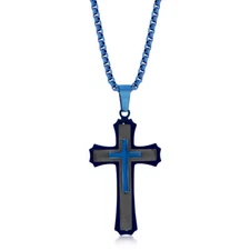 Blackjack Men's Necklace Stainless Steel Black and Blue 3D Cross SL-7089
