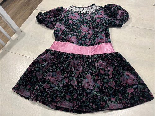 Bonnie Jean New York Dress Girls 6X Floral Velvet Drop Waist Bow & Lace Trim - Picture 9 of 12