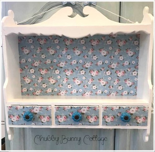 Shabby romantic cottage core White 3 drawer shelf with blue backing - Picture 2 of 6