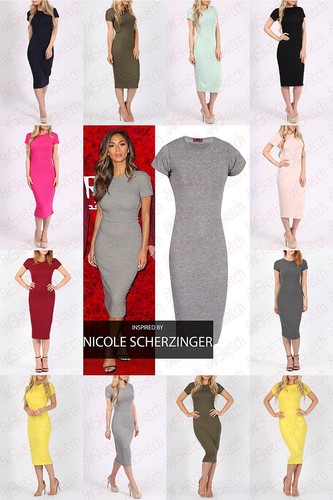 Neu Damen Flügelärmel Bodycon Midikleid schlicht Stretch Top Größen 8-14 - Bild 1 von 16