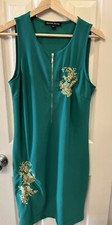 Boston Proper Green Sheath Gold Embroidery Sleeveless Front Zip Size S Small EUC