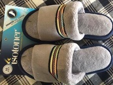 ISOTONER Women's Gray w Zigzag Trim ANNA Slip On Microterry Slippers Slides