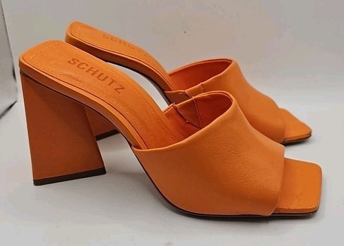 Schutz Lizah Orange Square Toe Slides 6.5 Women's Statement Heels 168 - Picture 3 of 9