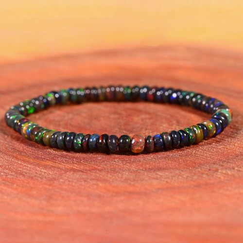 Pulsera de ópalo elástico, pulsera de ópalo negro etíope natural, ópalo de fuego Welo - Imagen 2 de 5