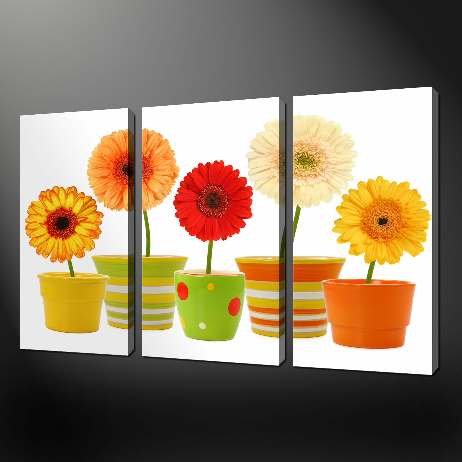 GERBERA FLOWER POTS 3 PANELS MODERN CANVAS PRINT READY TO HANG GERBERA FLOWER POTS 3 PANELS MODERN CANVAS PRINT READY TO HANG