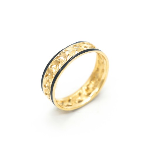 Solid 14k Yellow Gold Hawaiian Maile Leaf Scroll 5mm Black Enamel Edge Ring  - Picture 3 of 4