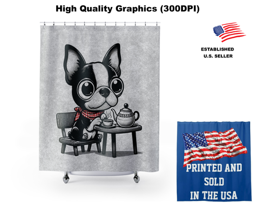DigiPups Boston Terrier Dog Tea Party Cute Puppy Cartoon Bathroom Shower Curtain - Picture 1 of 5