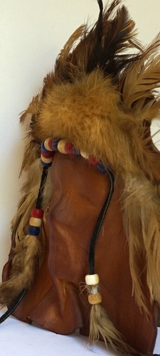 Vtg Native American Handcrafted Real Leather Feathers Fur Face Mask Wall Decor - Picture 5 of 8