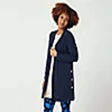 Susan Graver 3X Liquid Knit Open Front Duster Cardigan Navy Blue Snap Sides NWT