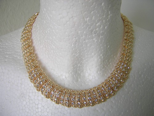 Statement Collier Kette Strasssteine Klar Metall Goldton Modeschmuck 87,3 g/