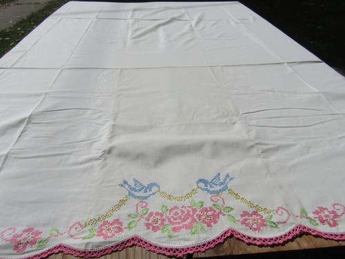 Vintage Bettlaken Kreuzstich blau Vögel Blumen 90" x 100" verfärbt gebeizt - Bild 8 von 16