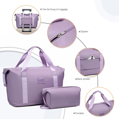 36L Expandable Carry On Weekend Hand Luggage Bag Travel Duffel Bag+Cosmetic Bag - Picture 56 of 58