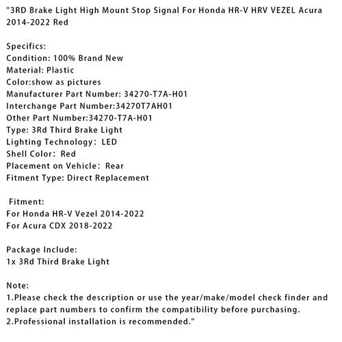 3RD Brake Light High Mount Stop Signal For Honda HR-V HRV VEZEL Acura 14-22 Red - Picture 15 of 15