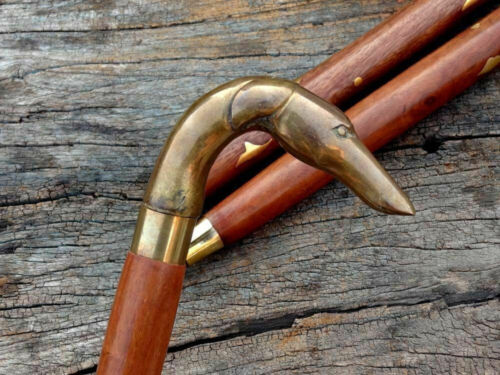 Vintage Victorian Wooden Walking Stick Brass Dog Head Handle Designer Cane Gift - Picture 2 of 5