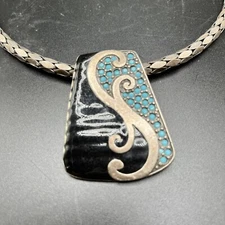 Choker Necklace Collar Silvertone Black Enamel Turquoise Style Beads Scrollwork