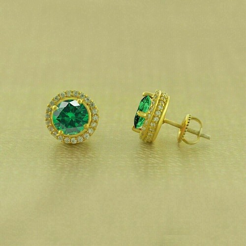 2.30 Ct Round Cut Lab-Created Emerald Halo Stud Earring 14k Yellow Gold Plated - Picture 4 of 5