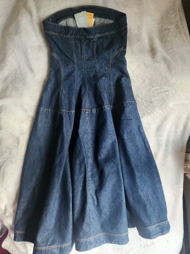 H&M Denim Bandeau Midi Dress Strapless Corset Style Edition Dark Denim Blue Sz M - 第 9/19 張圖片